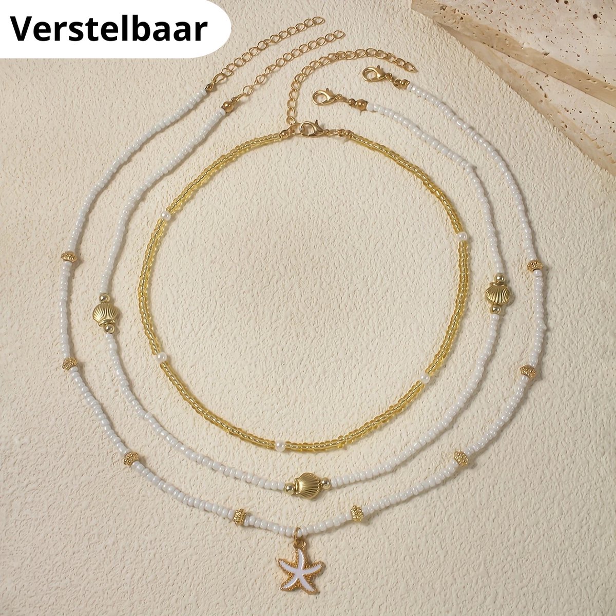 3-delige Dames Ketting Set - Schelp, Ster & Parel Hangers - Kralen Ketting Goudkleurig Dames - Zomer Sieraden Strandlook - Perfect voor Vakantie, Festival, School & Boho Outfit — afbeelding 6