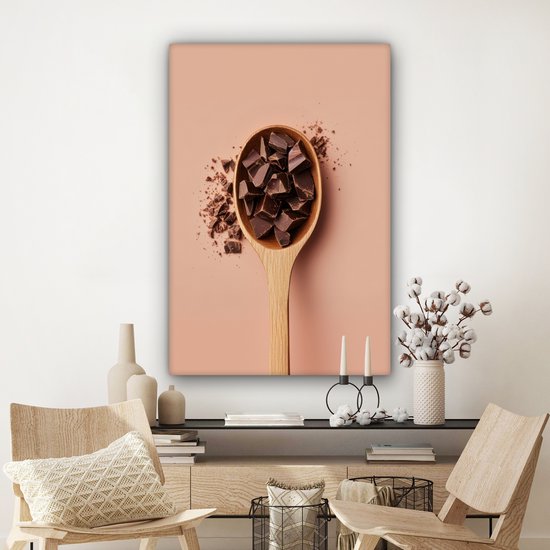 Canvas schilderij 80x120 cm - Exclusieve wanddecoratie Chocola - Hout - Lepel - Muurdecoratie woonkamer - Slaapkamer decoratie - Kamer accessoires - Schilderijen op canvas