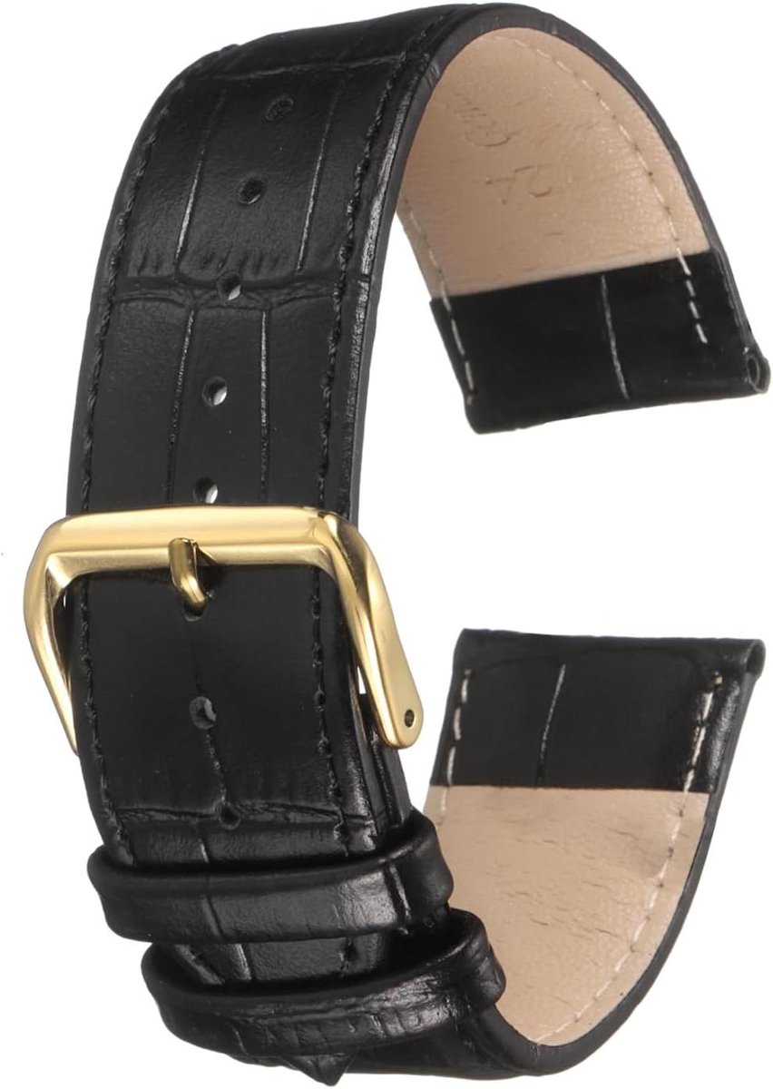 Allecto plus - Leren horlogeband 24 mm reliëf patroon rundleer zwart goud - horlogeband vervanging - veerpennen - mannen vrouwen - 24mm - Geen Edelsteen