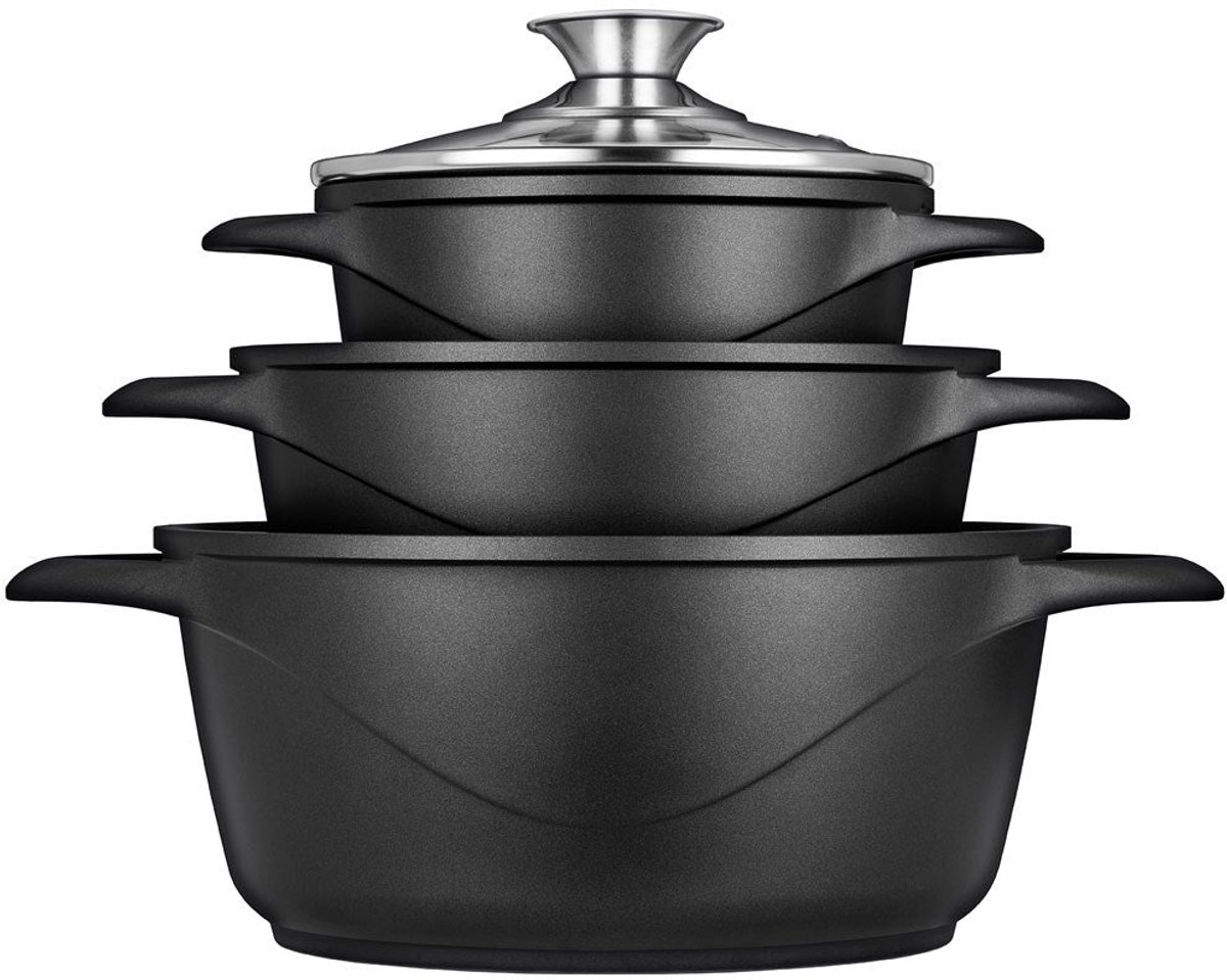 Smile - 8 Delige Pannenset - Antiaanbaklaag - Vaatwasser bestendig - Geschikt voor iedere Kookplaat - MGK-18 - Zwart