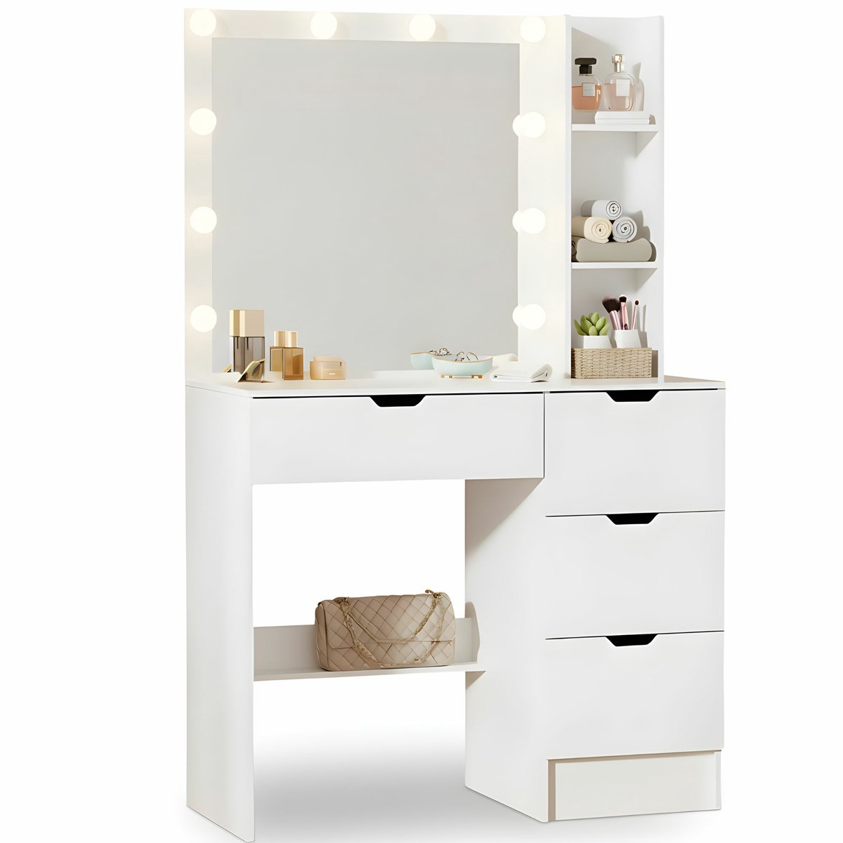 Zenzee Kaptafel – Make up tafel met spiegel – Hollywood spiegel - LED verlichting – Toillettafel – Veel opbergruimte – Wit