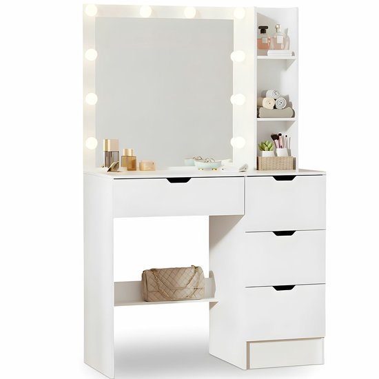 Zenzee Kaptafel – Make up tafel met spiegel – Hollywood spiegel - LED verlichting – Toillettafel – Veel opbergruimte – Wit