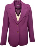 Paarse Geisha blazer met één knoopsluiting en twee steekzakken. Een beige top is zichtbaar onder de openstaande revers.
