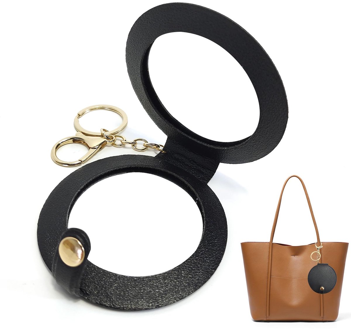 Cosmetische spiegel voor handtas, 8 cm, zwart, elegant imitatieleer, reisspiegel met sleutelhanger, voor vrouwen en meisjes