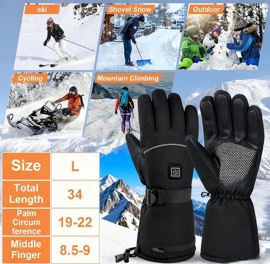Zwarte handschoenen op besneeuwde achtergrond. Collage toont skiën, sneeuw scheppen, sneeuwballen gooien, fietsen en bergbeklimmen.