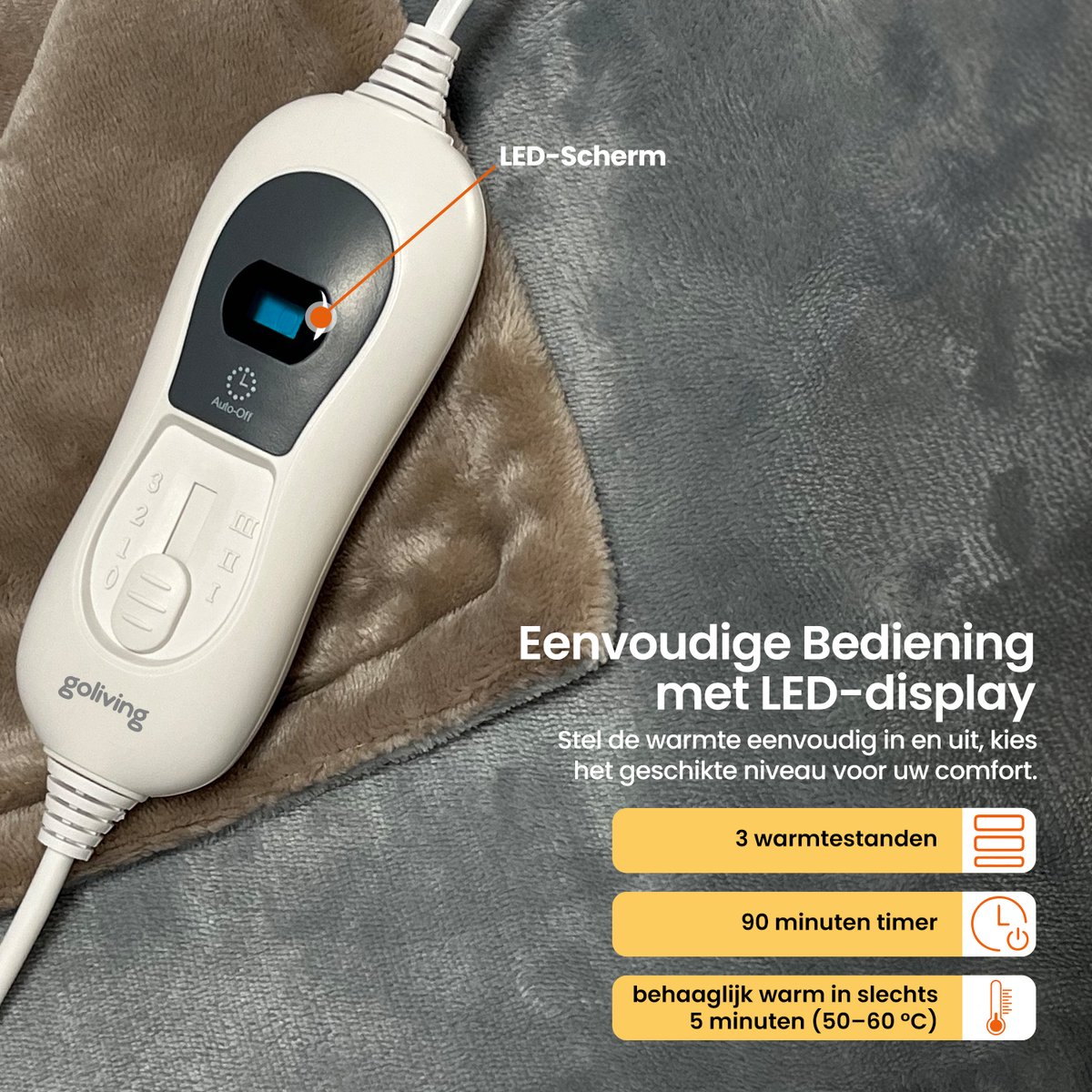 Goliving Elektrische Fleece Plaid - Warmtedeken - Verwarmende Fleecedeken - Elektrische Deken - 3 Warmtestanden - Machinewasbaar - 120 Watt - 2.5 Meter Snoer - Sherpa Flanel - 160 x 120 cm - Lichtgrijs – foto 4