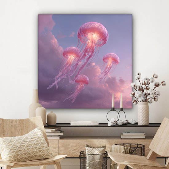 Canvas schilderij 90x90 cm - Wanddecoratie Kwallen - Roze - Wolken - Muurdecoratie woonkamer - Slaapkamer decoratie - Kamer accessoires - Schilderijen op canvas
