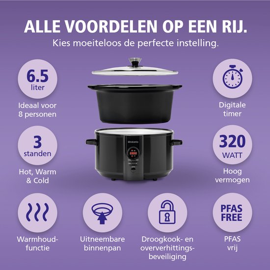 Infographic met de voordelen van de Brabantia slowcooker: 6.5 liter, 3 standen, digitale timer, 320 Watt, warmhoudfunctie, uitneembare binnenpan, droogkookbeveiliging en PFAS-vrij.