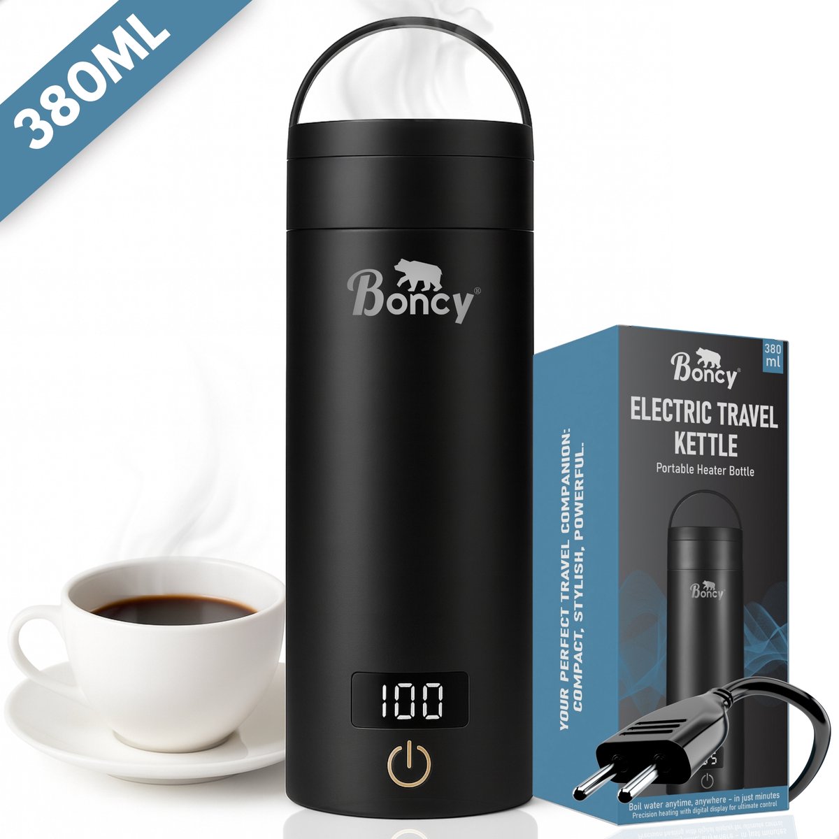 Boncy® Premium Mini Waterkoker met Temperatuurregeling - 380ml met Thermometer en Warmhoudfunctie - Kleine RVS Reiswaterkoker Zwart - Reis Waterkokers voor Camping Hotel Senioren - Klein Draagbare Travel Water Koker Grijs Temperatuur keuze - 0,5 L — afbeelding 1