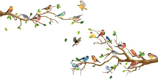 Muursticker - Raamsticker Vogels en boomtak - Tak - Lente - Zomer - Bloesem - Muur Sticker / Raam sticker Keuken - Decor - Verwijderbaar - Zelfklevend plakfolie - 25*35cm