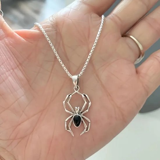 Hand houdt zilveren ketting met spin-hanger, featuring een zwarte steen.