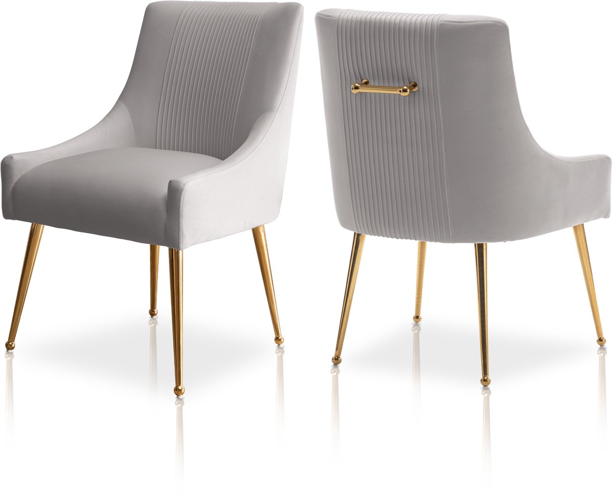 SEYNAR Set van 2 Eetkamerstoelen - Moderne Fauteuilstoelen met Fluweel & Gouden Poten - Plooien Design - voor Woonkamer en Kantoor - Grijs