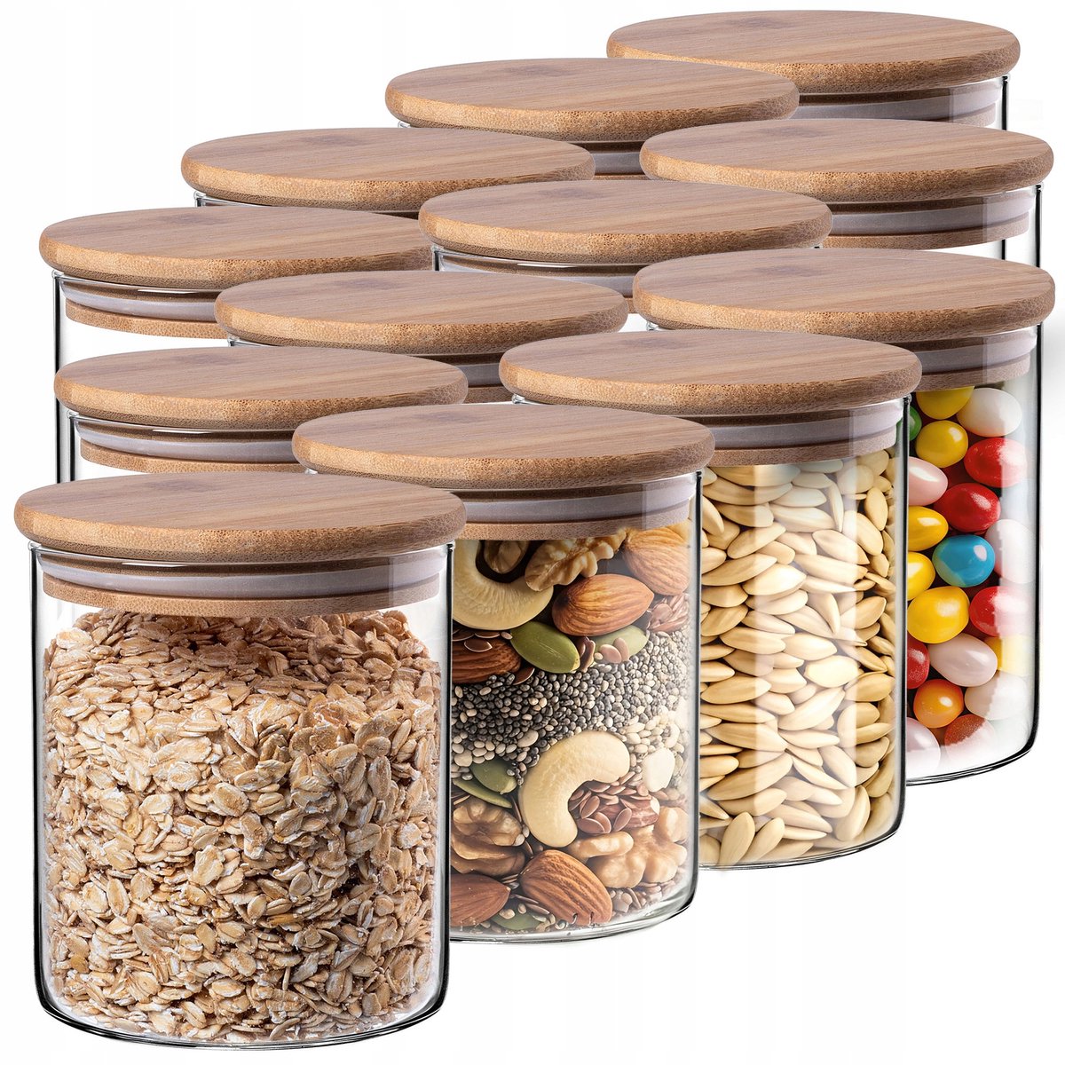 Glazen Voedselcontainers met Bamboe Deksel - Set van 12 stuks, 800ml