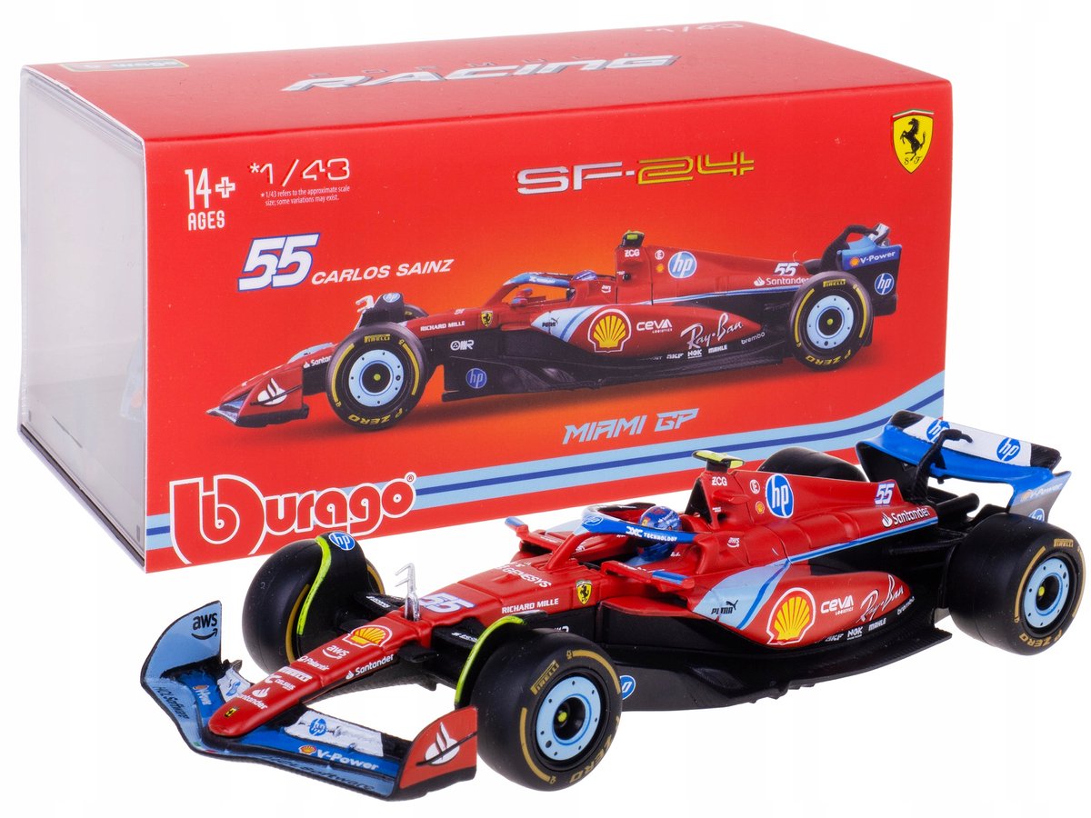 Bburago Ferrari SF-24 F1 GP Miami Modelauto 1:43 Carlos Sainz + doos