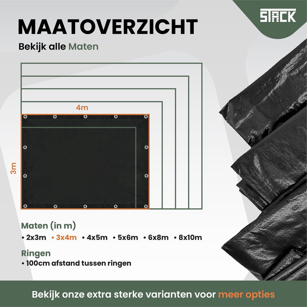 STACK® Sterk Afdekzeil - 3x4m - Zwart - 100G/M2 - Waterdicht Bouwzeil & Zeildoek - Zeil Met Ringen - Beschermhoes & Afdekhoes voor Zwembad,Tuinset, Tuin Meubelen,Motor,Scooter,Fietsen,Aanhangwagen,Scootmobiel,BBQ accesoires - Auto Hoes Bescherming — afbeelding 6