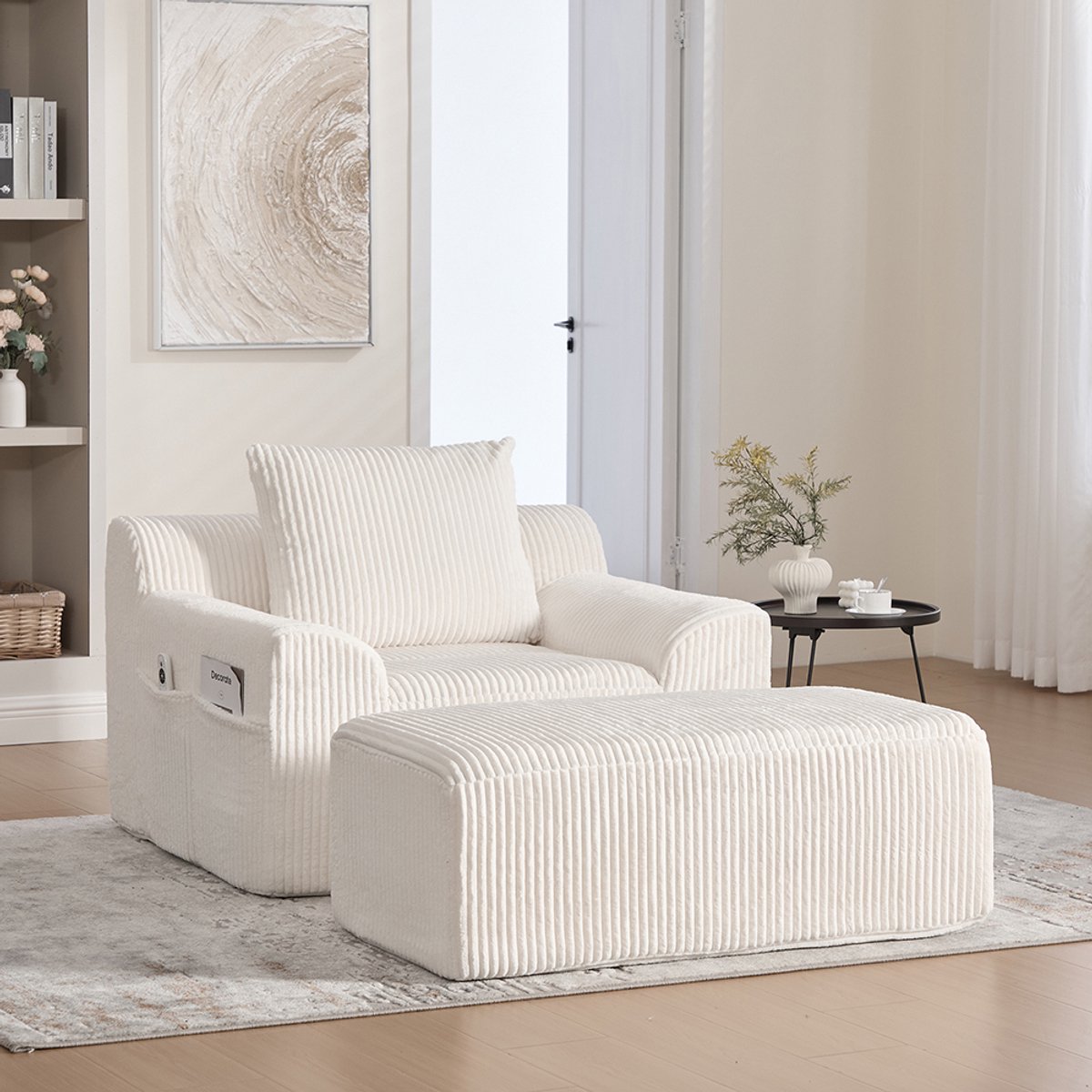 BLACKCOLORS - Extra grote fauteuil - met beugels - corduroy leesfauteuil - met zijvakken - met kussens - diepe zitting - moderne gestoffeerde fauteuil - zachte fauteuil zonder frame - geen montage nodig - Geei