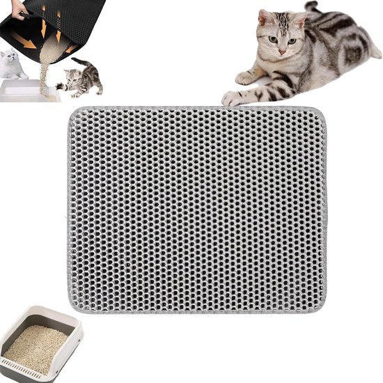 Tapis de litière double couche pour chat - 30 x 45 cm - Motif alvéolé - Résistant à l'urine, imperméable et lavable - Tapis de litière pour contrôler et recueillir les déchets - Grijs