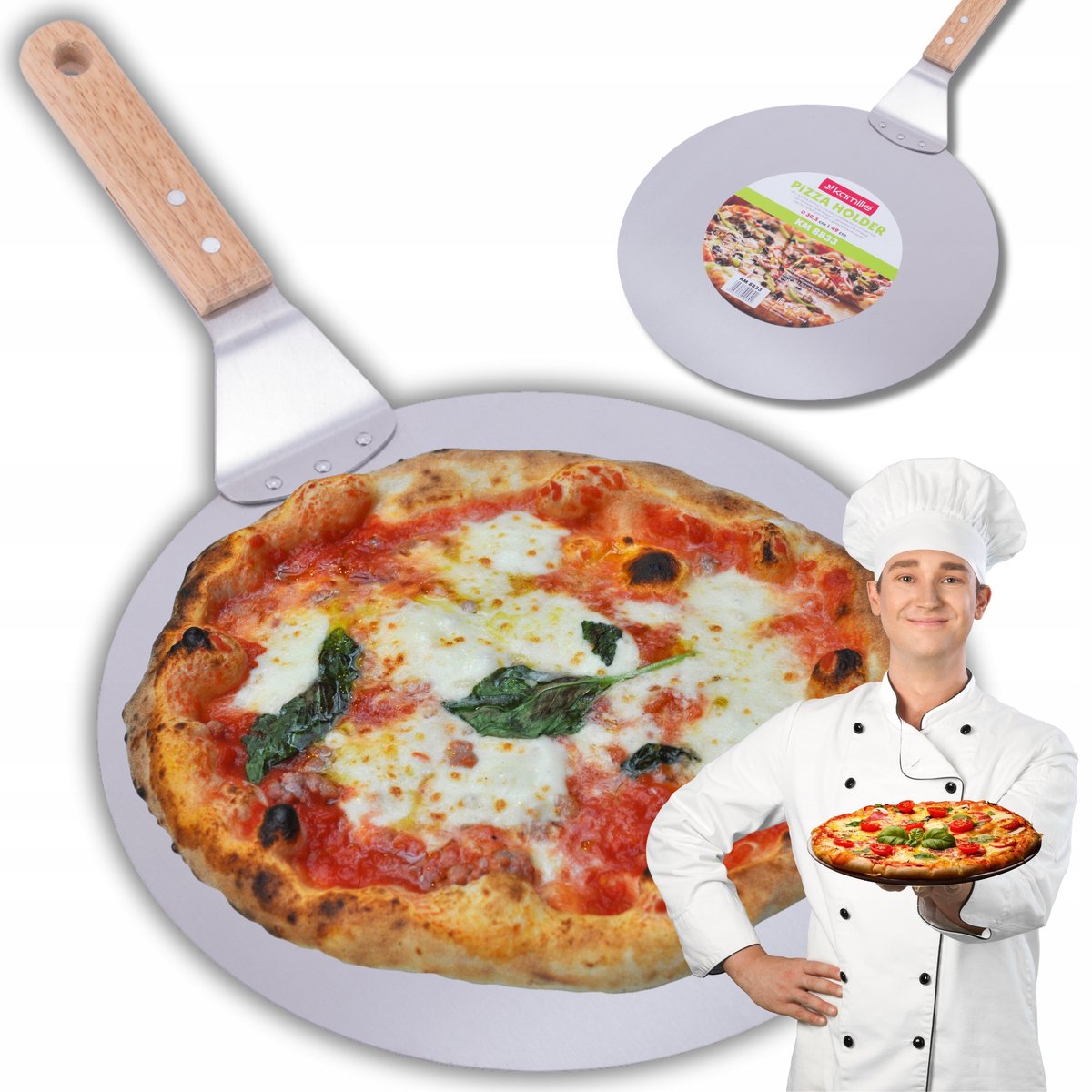 Kamille Pizzaschep Rond 30.5 cm - Roestvrij Staal met Houten Handvat
