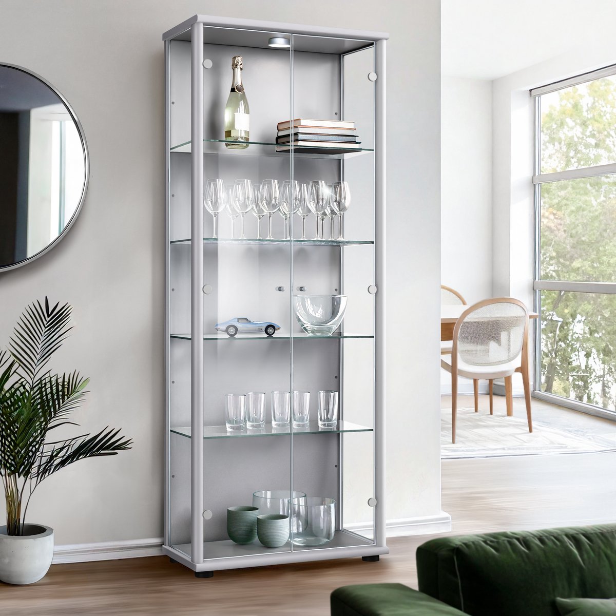 K-Möbel Vitrinekast met glas staand met 2 deuren, 4 in hoogte verstelbare glasplanken - Vitrinekast met led verlichting - 176x67x33 cm - Zilverkleurig