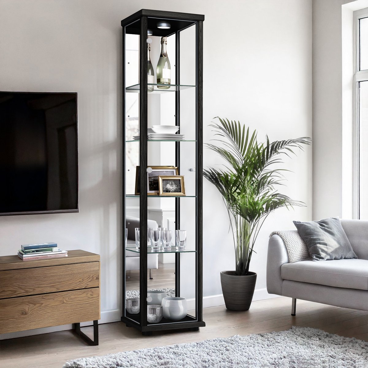 K-Möbel Vitrinekast met glas staand met 1 deur, 4 in hoogte verstelbare glasplanken & spiegel - Vitrinekast met led verlichting - 176x37x33 cm - Zwart