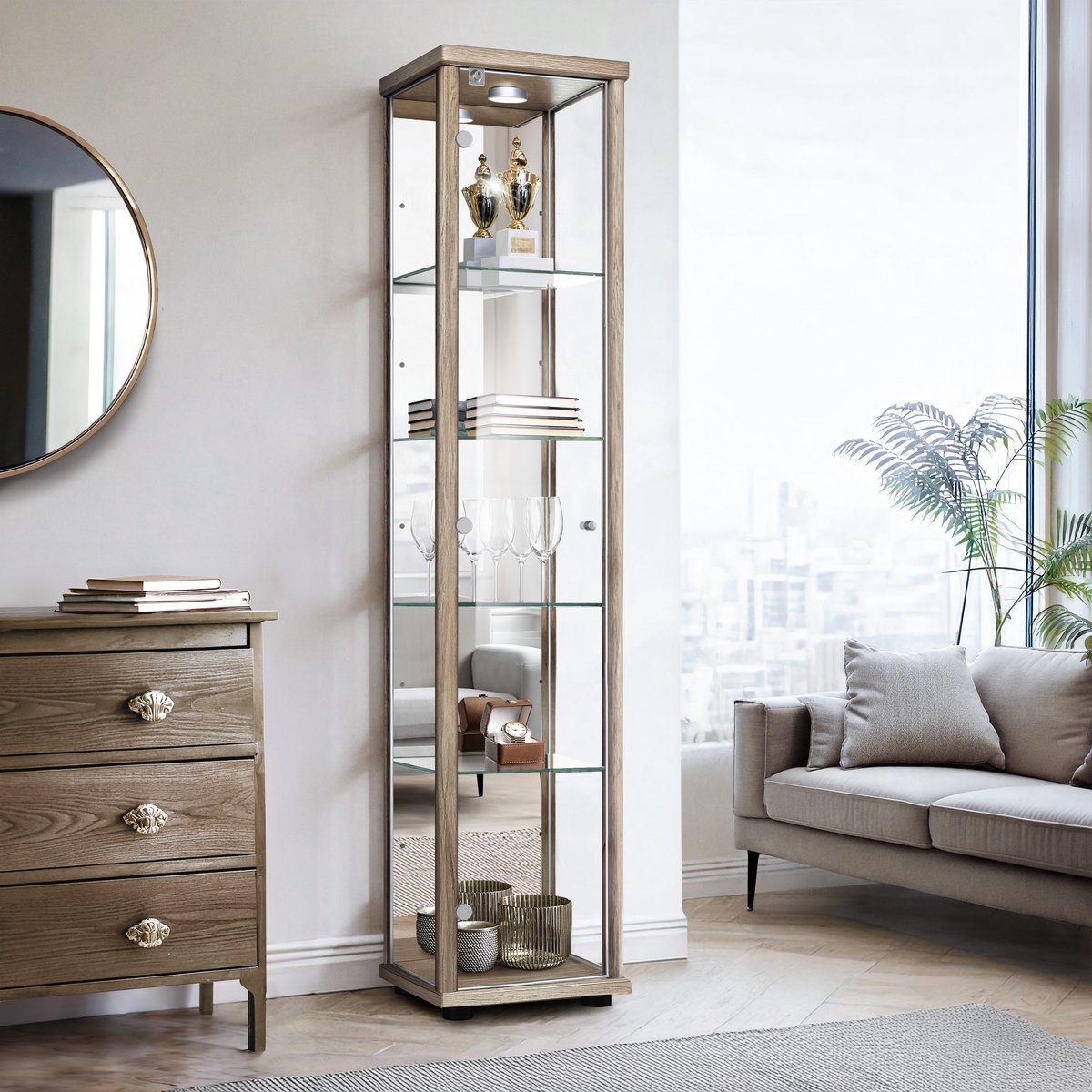 K-Möbel Vitrinekast met glas staand met 1 deur, 4 in hoogte verstelbare glasplanken, spiegel & slot - Vitrinekast met led verlichting - 176x37x33 cm - Sonoma eiken