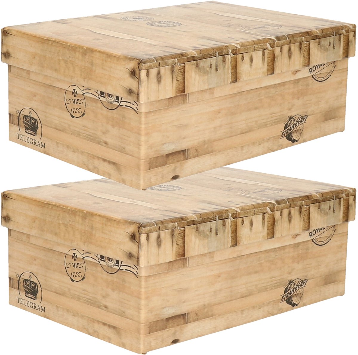 5Five Opbergdoos/box - 2x - houtkleur - L25 x B17 x H9.5 cm - Stevig karton - Woodybox