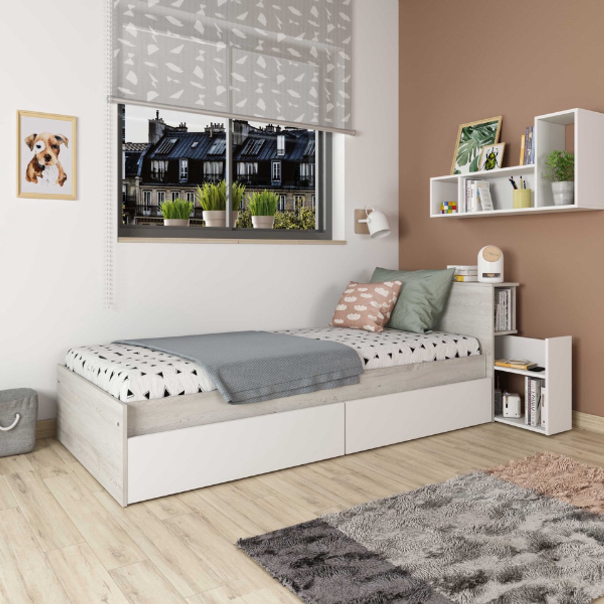 Eénpersoonsbed Kazim 90x190 Cm-dennenhout/wit - Trasman - Eenpersoons Bedkader - Wit - Melamine; Spaanplaat Eenpersoons Normaal Bed