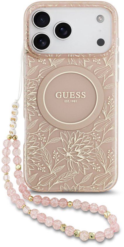 Coque de téléphone rose à motif floral, logo Guess et cordon à perles.