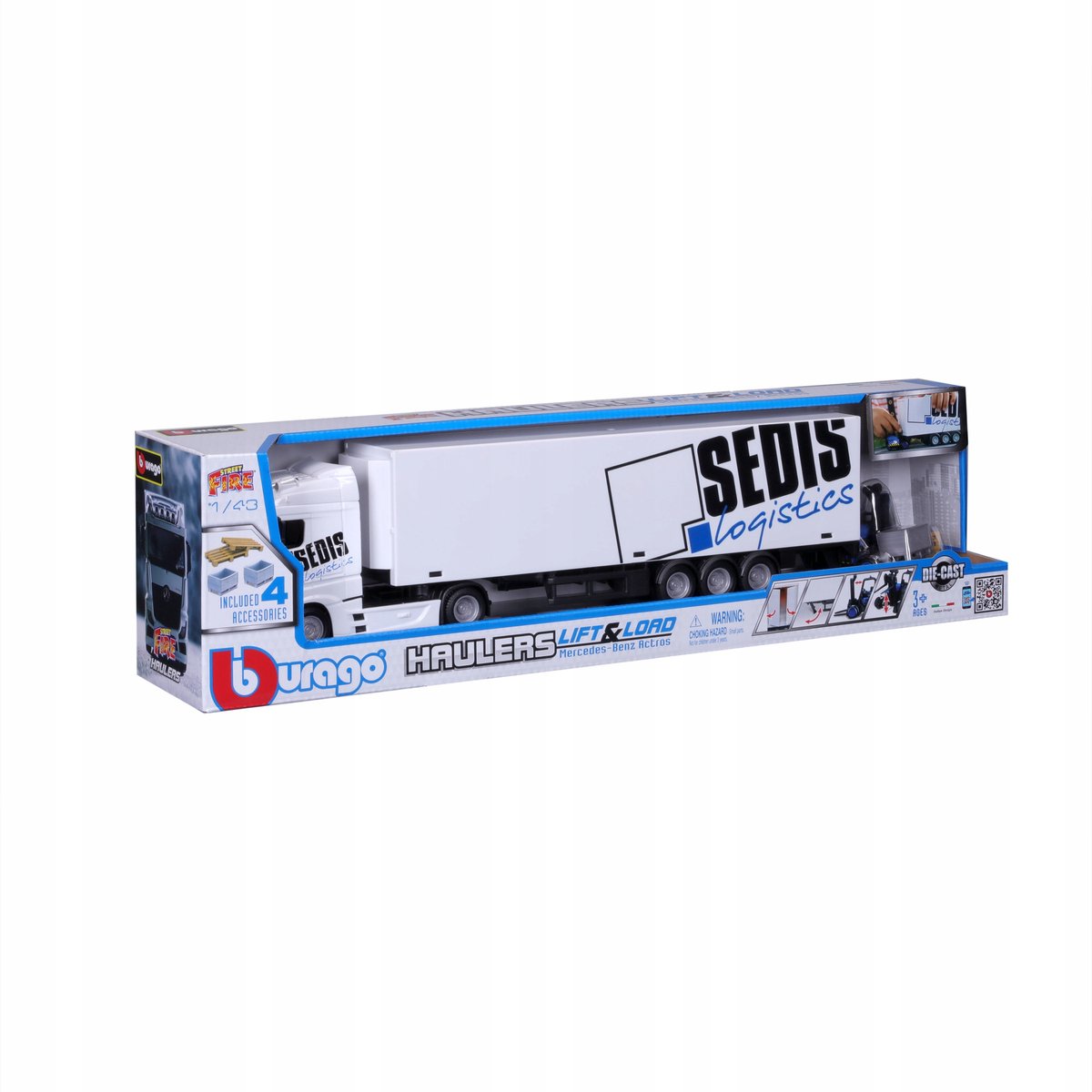 Bburago 1:43 Hauler Met Container Vorkheftruck 2 Pallets 2 Manden 18-31471 Vrachtwagen Zilver