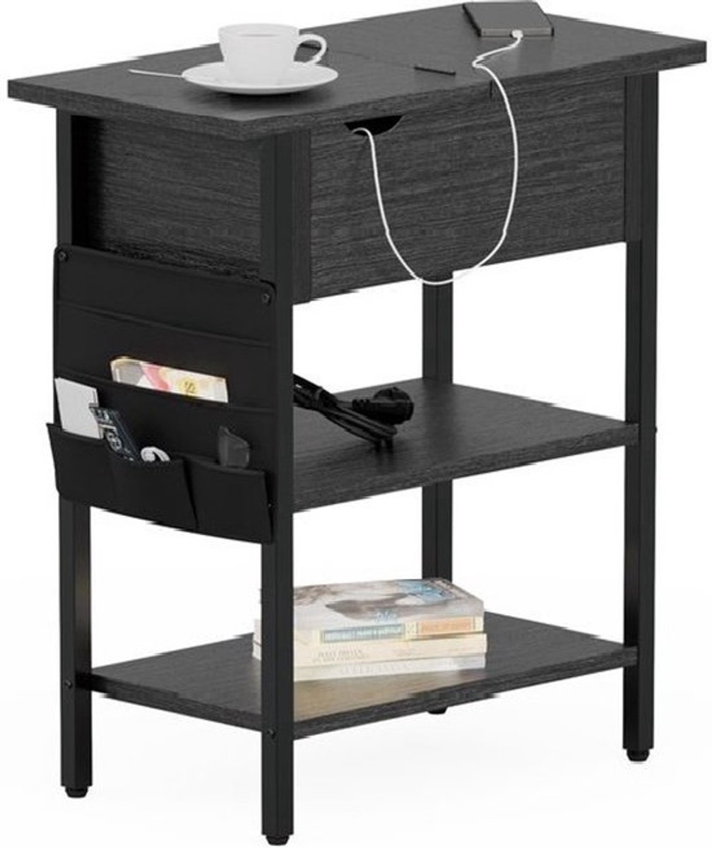 Zwarte Bijzettafel met USB & Stopcontact – Industrieel Nachtkastje / Side Table met Oplaadstation – 60×40×45 cm – IN.HOMEXL Venlo Black