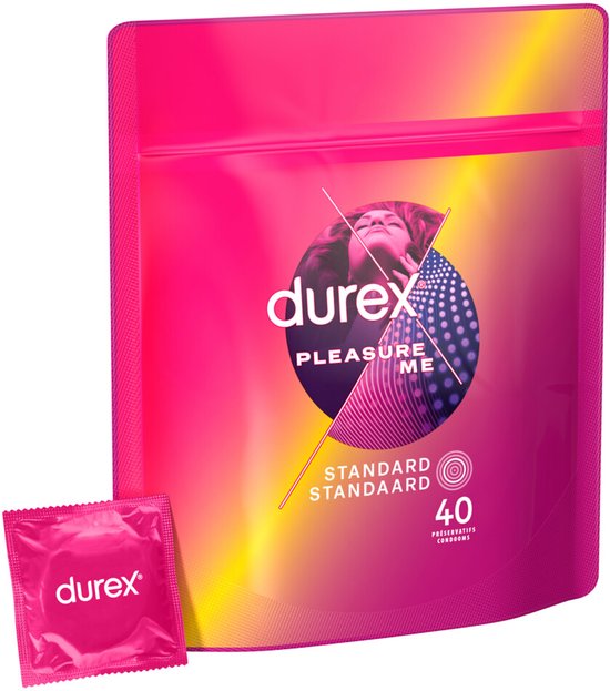 Verpakking Durex Pleasure Me condooms, standaard, 40 stuks, met een individueel verpakt condoom ernaast.