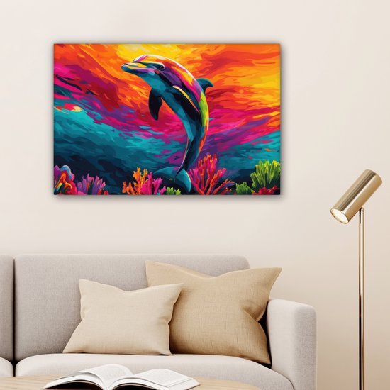 Tableau sur toile 60x40 cm - Décoration murale Dauphin - Coloré - Océan - Corail - Décoration murale salon - Décoration chambre - Accessoires chambre - Peintures sur toile