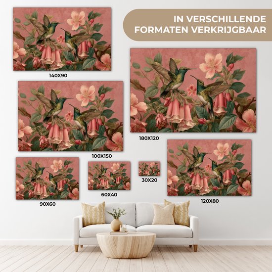 Tableau sur toile 120x80 cm - Décoration murale Colibris - Fleurs - Vert - Rose - Décoration murale salon - Décoration chambre - Accessoires chambre - Peintures sur toile