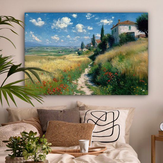 Tableau sur toile 120x80 cm - Décoration murale Chemin de sable - Maison - Arbres - Pelouse - Décoration murale salon - Décoration chambre - Accessoires chambre - Peintures sur toile
