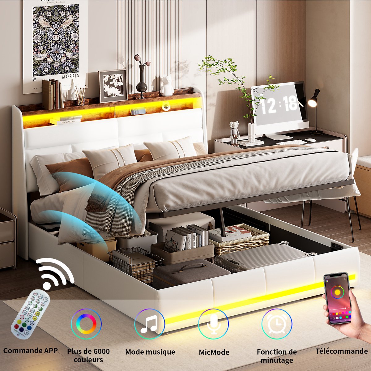 Tweepersoonsbed 140x200 cm – Wit PU Bed met LED & USB, Hydraulische Opbergruimte