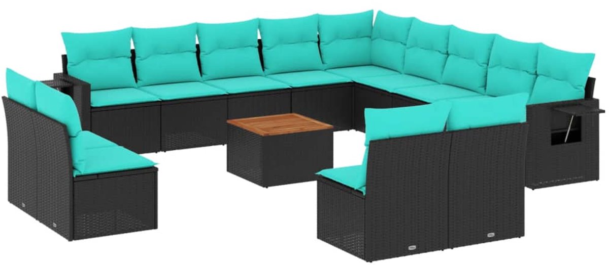 vidaXL - 14-delige - tuinbankset - met - kussens - van - zwart - polyrotan