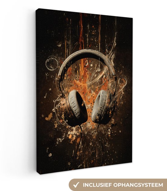 Peinture abstraite d'un casque avec des éclaboussures marron et orange, mentionnant le système de suspension inclus.