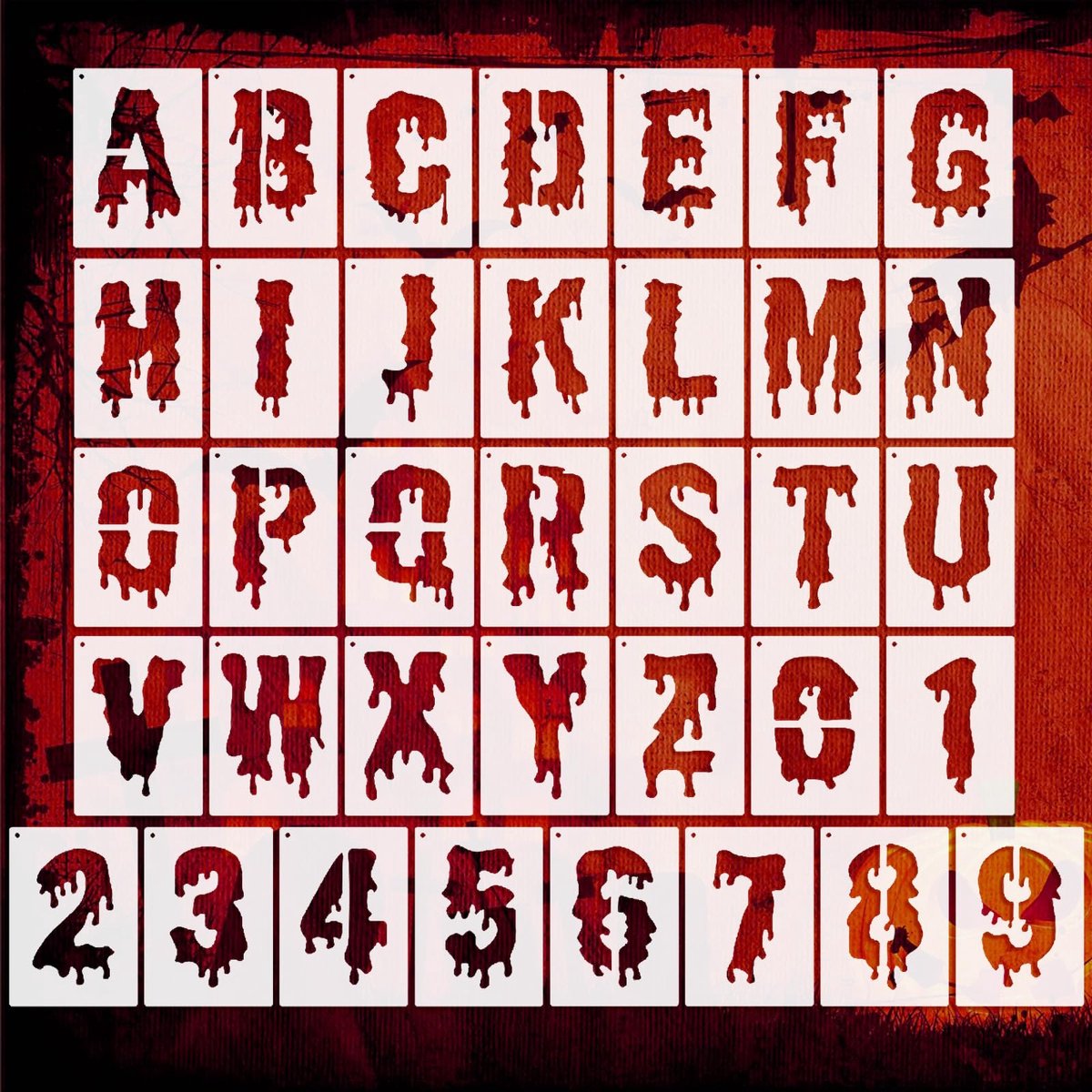36 Halloween Bloed Letter & Nummer Sjablonen - Herbruikbaar 12,7x17,8 cm - A-Z & 0-9 voor DIY Decoraties