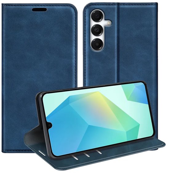 Blauw telefoonhoesje met standaard functie en drievoudige camera-uitsparing.