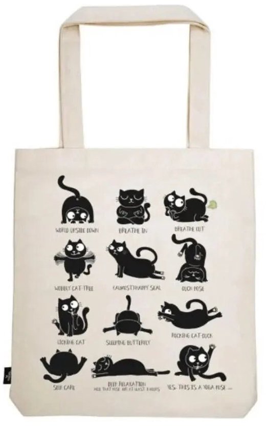 Crèmekleurige tote bag met 12 zwarte silhouetten van katten in verschillende yogahoudingen, met beschrijvende tekst.