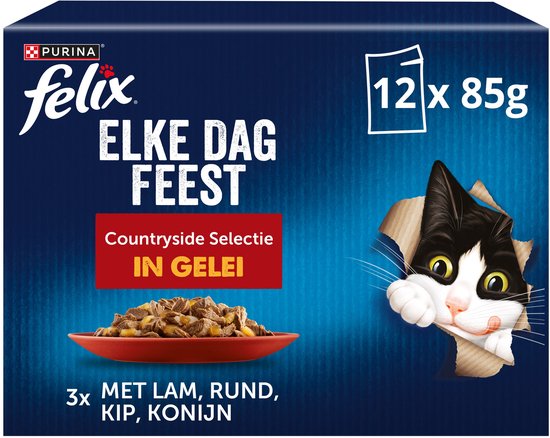 Felix Elke Dag Feest Countryside Selectie in gelei, met lam, rund, kip, konijn. 12 x 85g verpakking met kat.