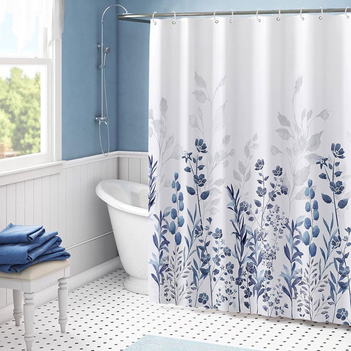 Douchegordijn 120 x 200 cm Badgordijn EVA Waterdicht Anti Schimmel Badkamergordijn met 8 Douchegordijn Haken Wasbaar Shower Curtain voor Badkamer Badkuip - Bloem blauw