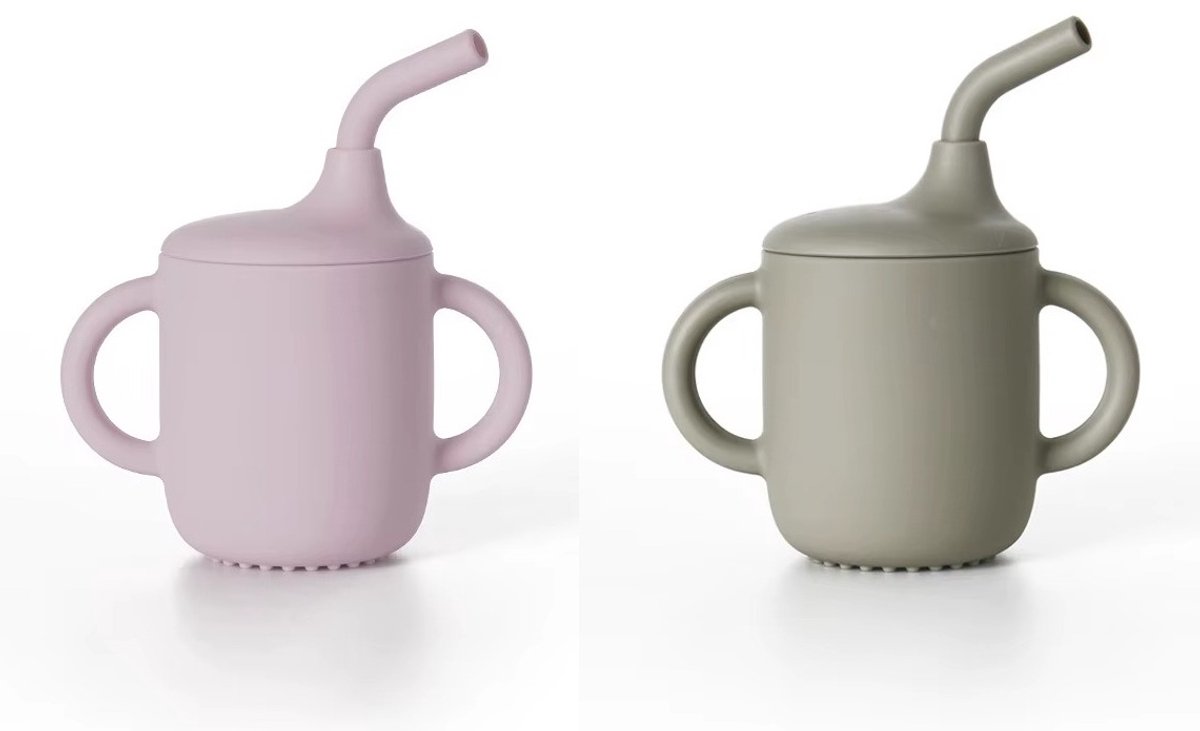 Image of 2 Stuks - Siliconen Tuitbeker met Rietje - 180 ml - Roze en Groen - BPA vrij