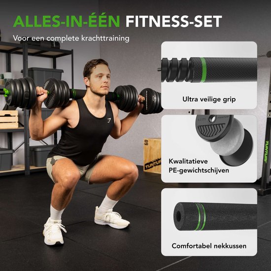 Tunturi Halter et haltères en caoutchouc - Ensemble d'haltères 28 kg - Barre avec poids - Set Barbell - Fermeture à vis 30 mm - Poignée antidérapante