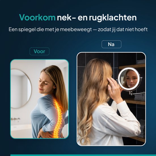Vrouw met rugpijn vergeleken met een vrouw die make-up aanbrengt met een Mirlux spiegel.