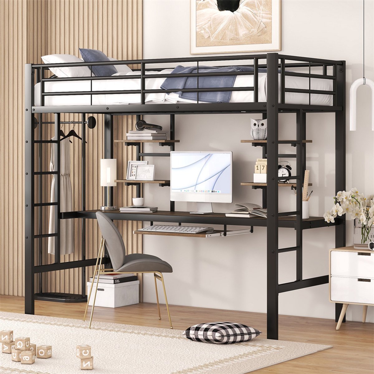 YEHTOKHOME Hoogslaper 90x200 cm met bureau en twee boekenplanken, ijzeren frame, ladder, toetsenbordplank, kinderbed, zonder matras, zwart