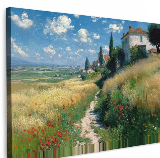 Tableau sur toile 120x80 cm - Décoration murale Chemin de sable - Maison - Arbres - Pelouse - Décoration murale salon - Décoration chambre - Accessoires chambre - Peintures sur toile