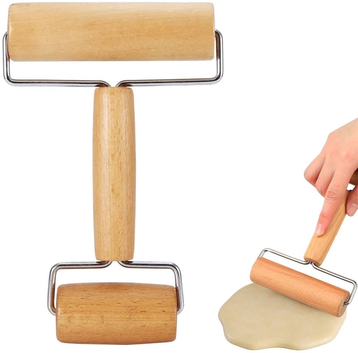 Houten Deegroller T-vormig - Compact 17,5 x 11,5 cm - Ideaal voor Pizza en Gebak