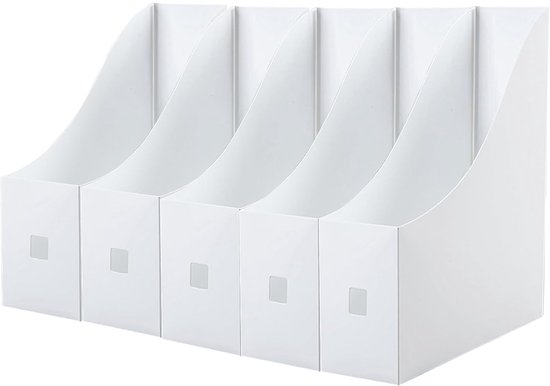 TRANKIELO® – Set van 5 Opvouwbare Magazine Houder – Witte Tijdschriften Verzamelaar – Bureau en Archief Opslag – Duurzaam Kunststof Materiaal