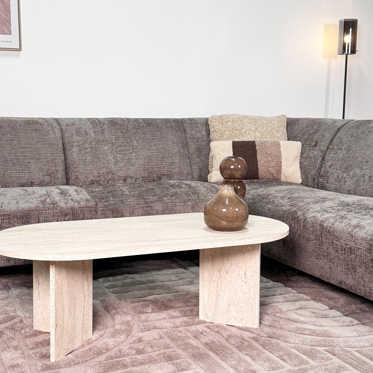 Dimehouse Hoekbank met chaise longue taupe chenille stof Manon - rechts - Chenille - Scandinavisch & Basic - 274 x 210 x 84 cm
